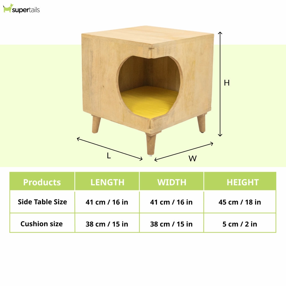 FurryLiving Wally Side Table with Cushion for Small Dogs and Cats (Oak/Yellow Cushion)