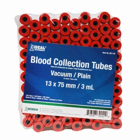Ideal Blood Collection Vacuum Tubes, Red, 3 mL, 100 ct