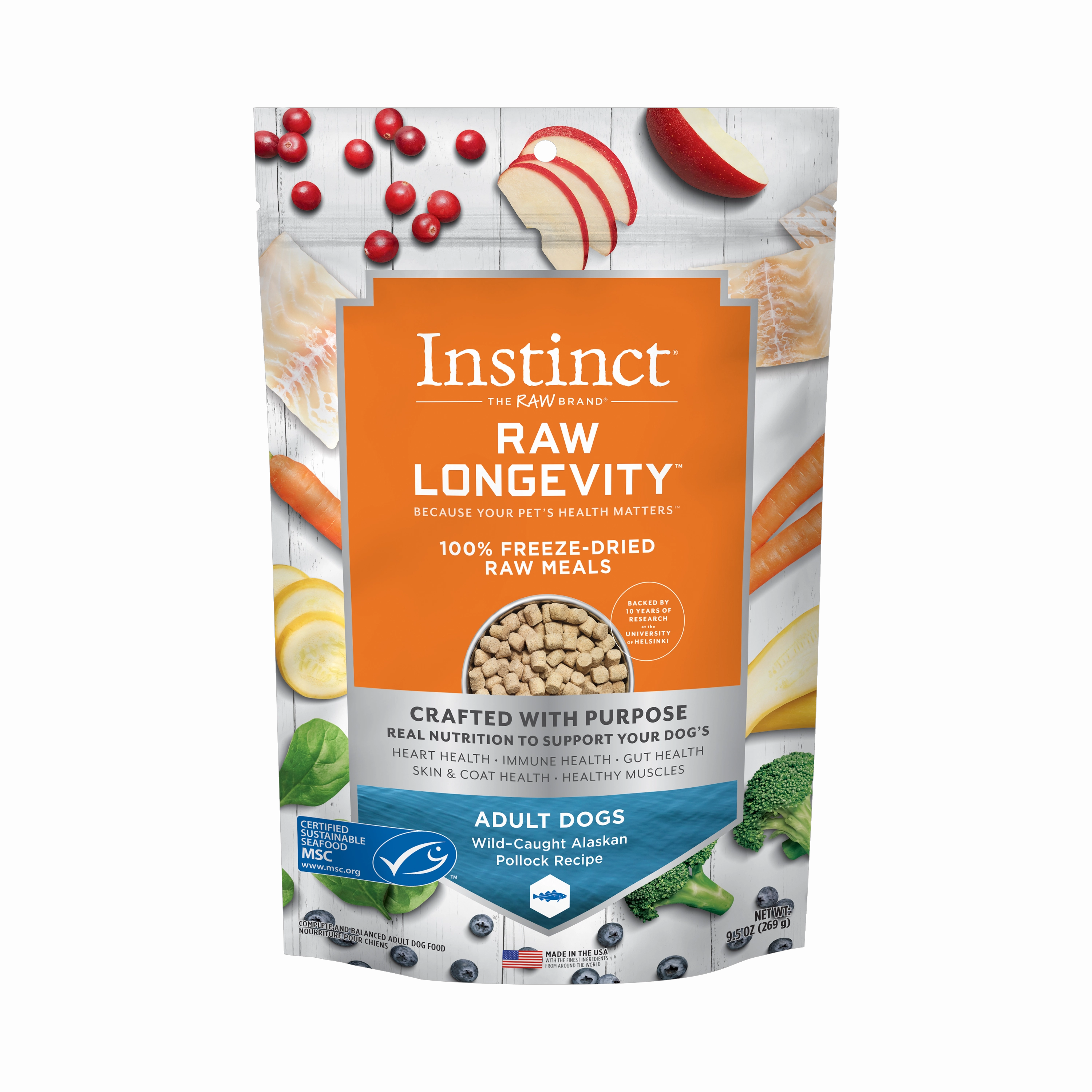 Instinct Raw Longevity Adult Freeze Dried Pollock Bites Dog Food, 9.5 oz. Bag