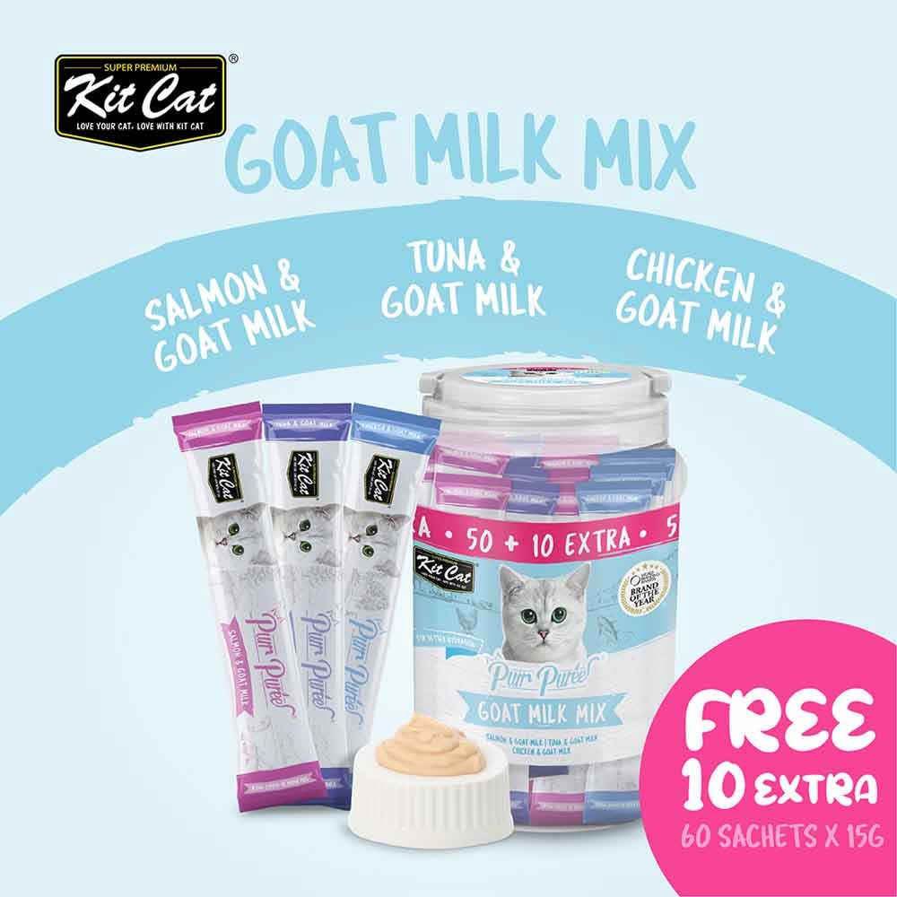 Kit Cat Purr Puree Goat Milk Mix Assorted Grain-Free Liquid Cat Treats 60 Sticks