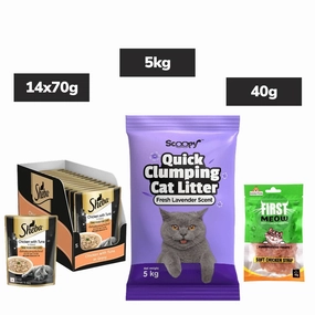 Sheba Chicken Tuna Gravy Adult Wet Food, Scoopy Lavender Natural Litter, First Meow Soft Strip Treat Cats Combo