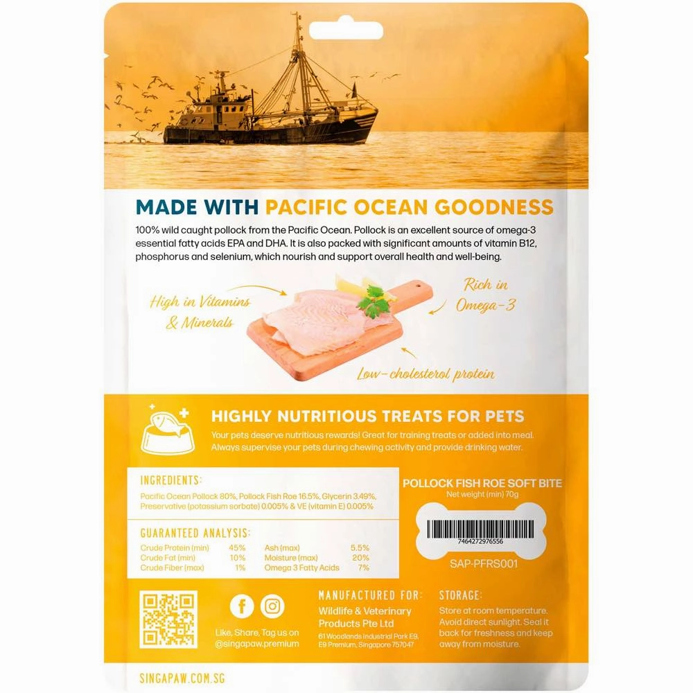 Singapaw Pacific Ocean Pollock With Fish Roe Soft Bite Air-Dried Treats For Cats & Dogs 70g