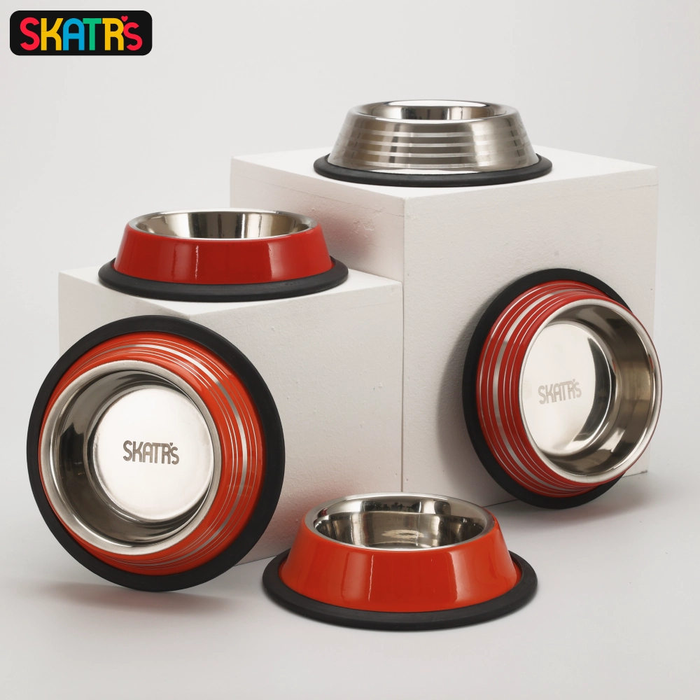 Skatrs Anti Skid Glossy Striped Bowl for Dogs and Cats (Orange)