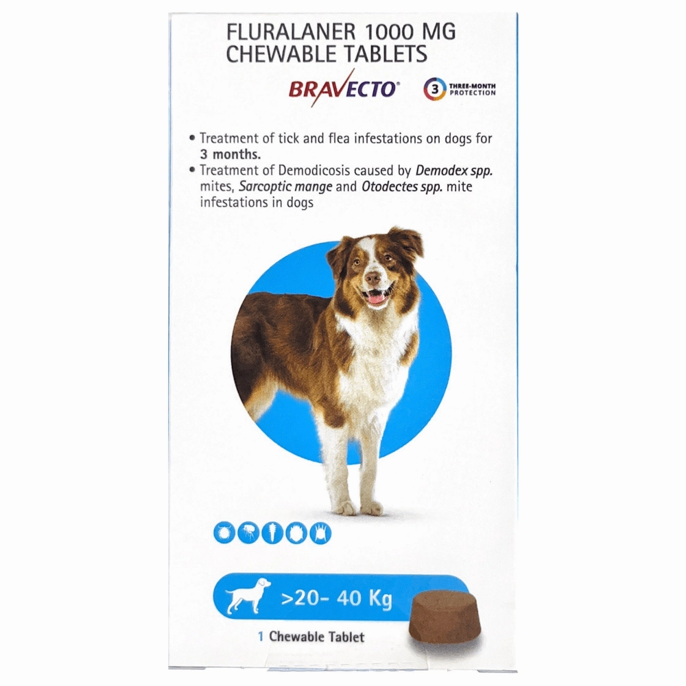 Skyec Skyworm XL Dog Deworming Tablet (2 tablets) and MSD Animal Health Bravecto Dog Tick & Flea Control Tablet (20-40kg) (1 tablet) Combo