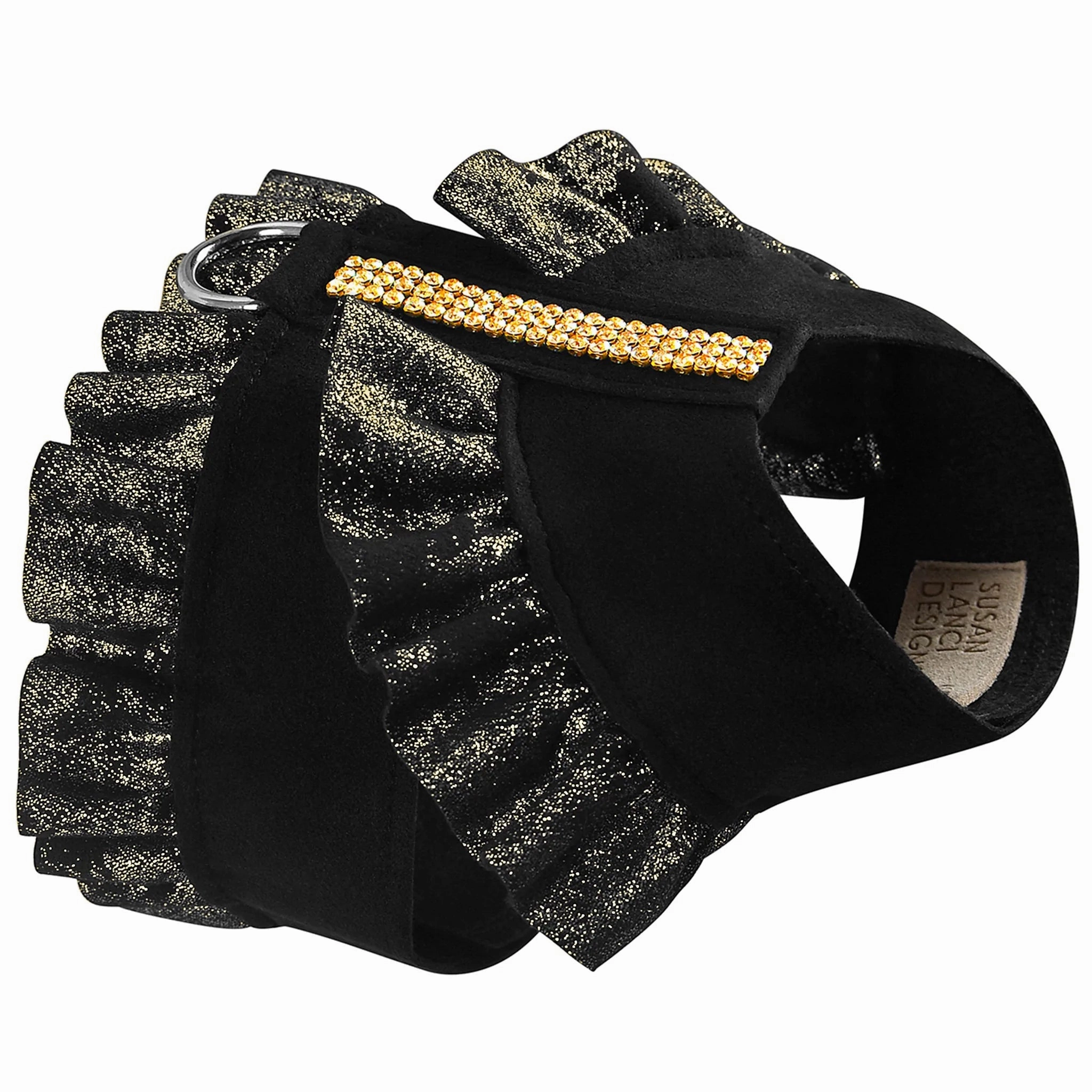 Susan Lanci Black Glitzerati Pinafore Ruffles with Gold Giltmore Tinkie Harness