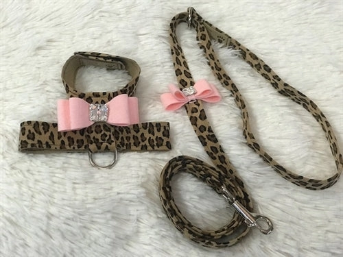 Susan Lanci Two Tone Big Bow Tinkie Harness in Cheetah and Puppy Pink Bow