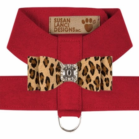 Susan Lanci Two Tone Big Bow Tinkie Harness in Red and Cheetah Bow
