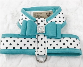 Susan Lanci Two Tone Polka Dot Big Bow Tinkie Harness in Bimini Blue