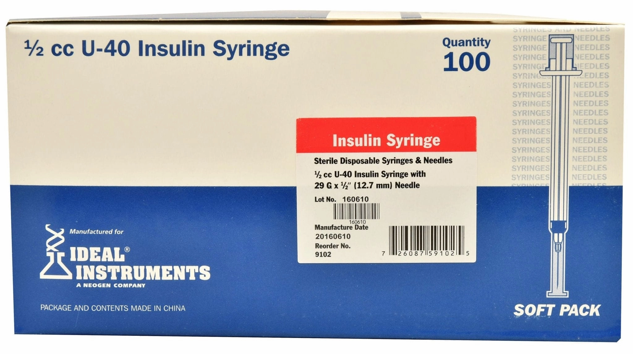 U-40 Syringes with 29G x 1/2" Needles, Box of 100