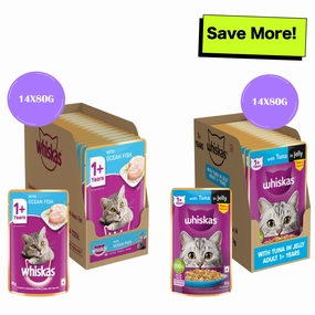 Whiskas Tuna in Jelly Meal and Ocean Fish Adult Cat Wet Food Combo